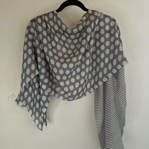 Dusty blue scarf/shawl with polka dot and stripe pattern